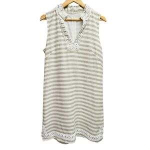 Eliza J Sleeveless Embroidered Linen Sheath Dress 12 White Tan Striped Lace Zip